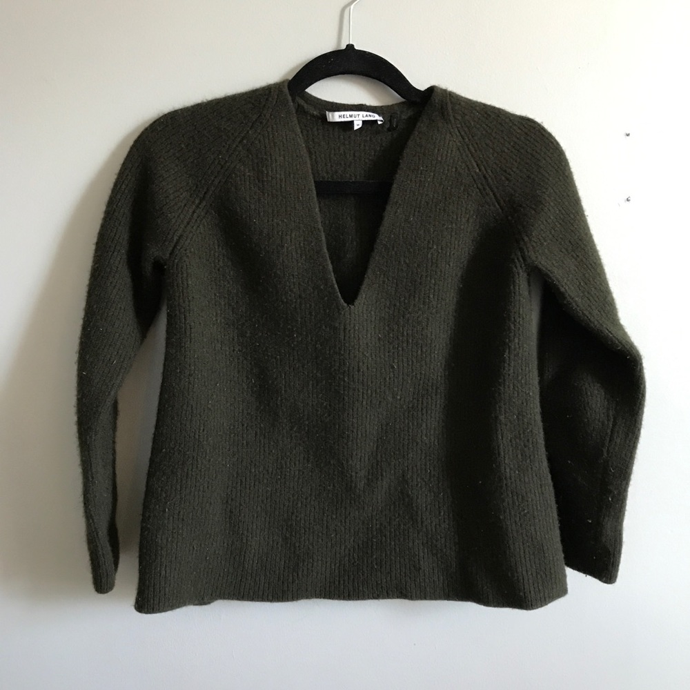 Helmut Lang Deep V Olive Green Sweater